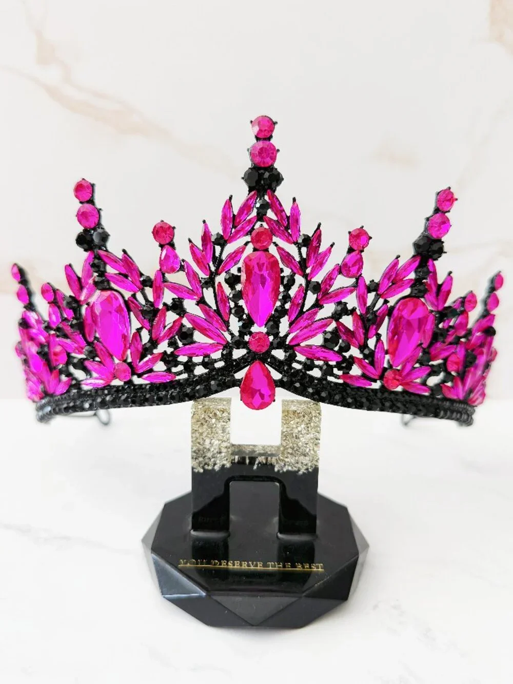 Hot Pink Rhinestone Headpiece, Gothic Fuchsia Crystal Tiara, Black Crown